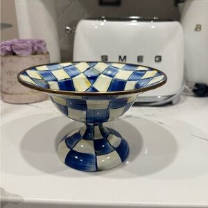 MacKenzie-Childs Blue and Cream Royal Check Enamel Compote Bowl